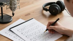 Композитор работает над партитурой, изучая гайд по созданию нот коммерческих аранжировок