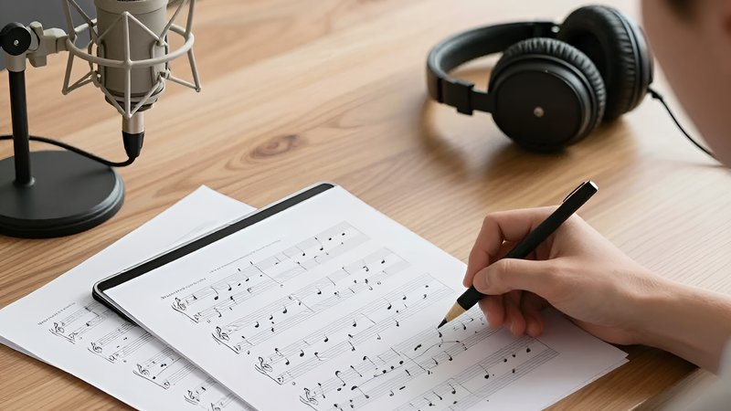 Композитор работает над партитурой, изучая гайд по созданию нот коммерческих аранжировок